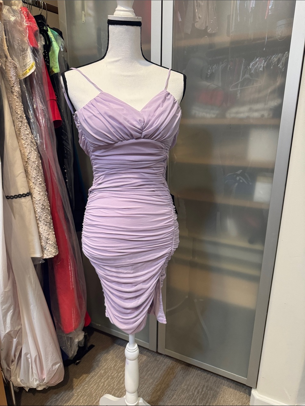 Lulu's Lavender Ruched Mini Dress with Spaghetti Straps